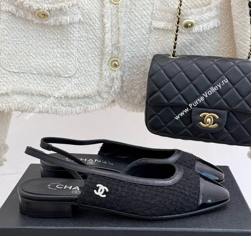 Chanel Tweed Patent Calfskin Slingback Flats G46000 Black 2025 (MD-250303104)