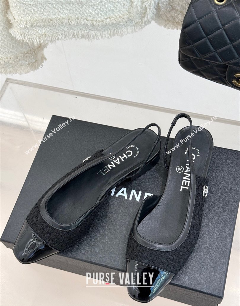 Chanel Tweed Patent Calfskin Slingback Flats G46000 Black 2025 (MD-250303104)