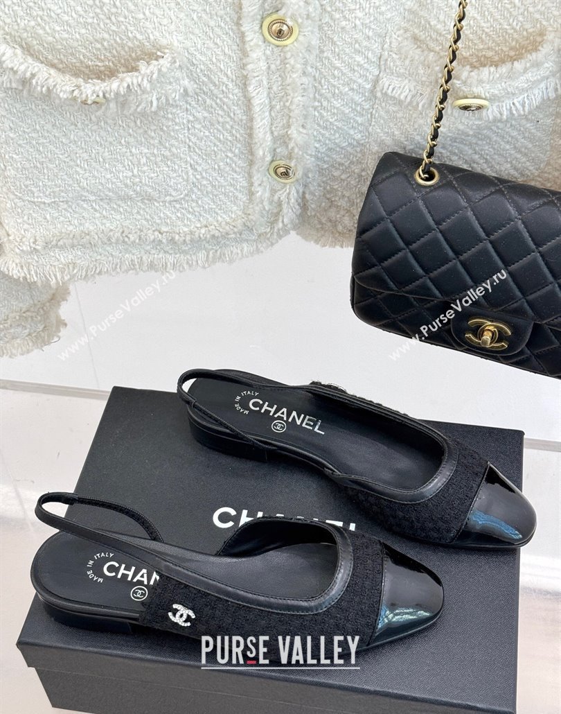 Chanel Tweed Patent Calfskin Slingback Flats G46000 Black 2025 (MD-250303104)