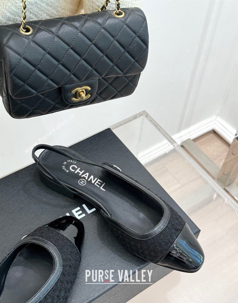 Chanel Tweed Patent Calfskin Slingback Flats G46000 Black 2025 (MD-250303104)