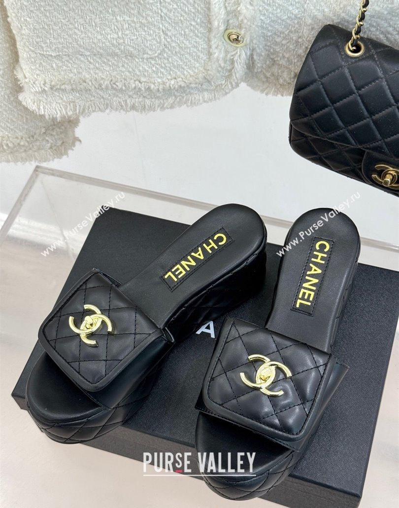 Chanel Quilted Lambskin Wedge Slides Sandal with Foldover Black 2025 CH030314 (MD-250303111)