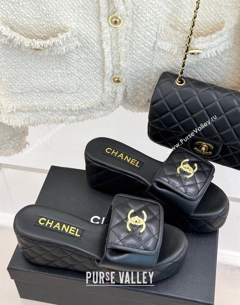 Chanel Quilted Lambskin Wedge Slides Sandal with Foldover Black 2025 CH030314 (MD-250303111)