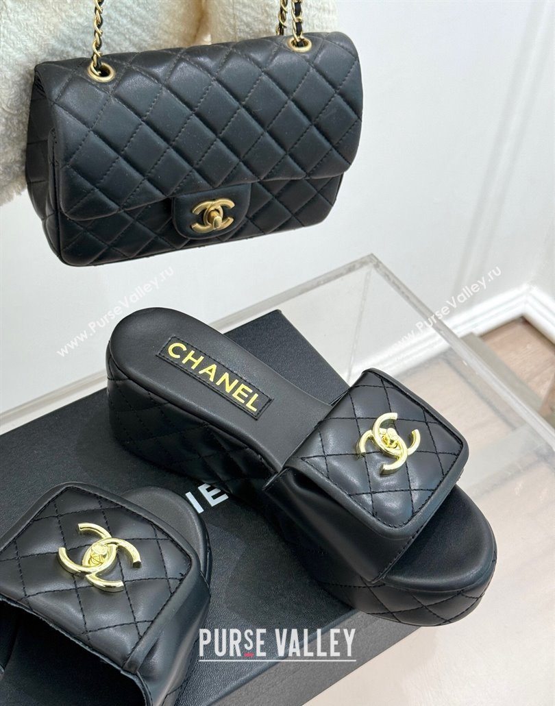Chanel Quilted Lambskin Wedge Slides Sandal with Foldover Black 2025 CH030314 (MD-250303111)