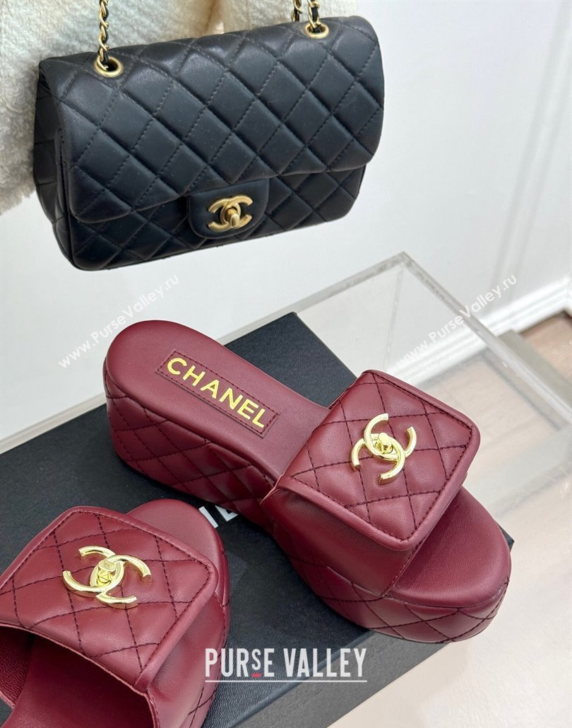 Chanel Quilted Lambskin Wedge Slides Sandal with Foldover Dark Burgundy 2025 CH030314 (MD-250303113)