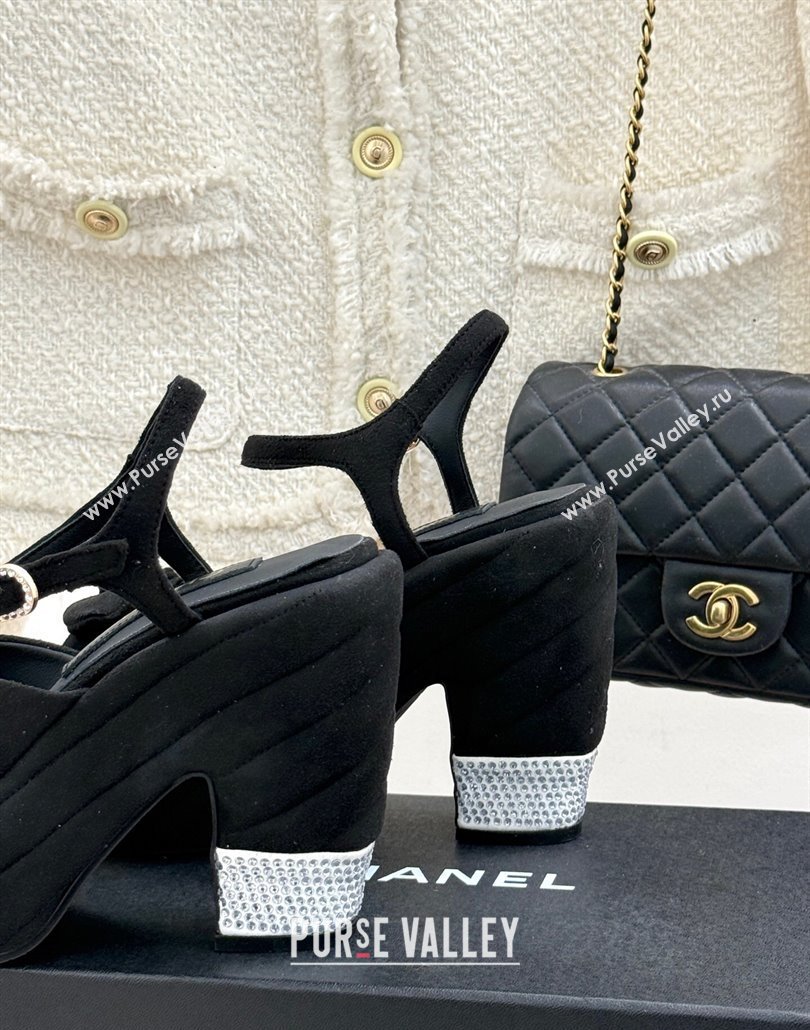 Chanel Suede Strass Platform Sandals with Bow Black 2025 CH030315 (MD-250303116)