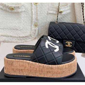 Chanel Quilted Lambskin Wood-Like Platform Slides Sandal Black 2025 CH030316 (MD-250303119)