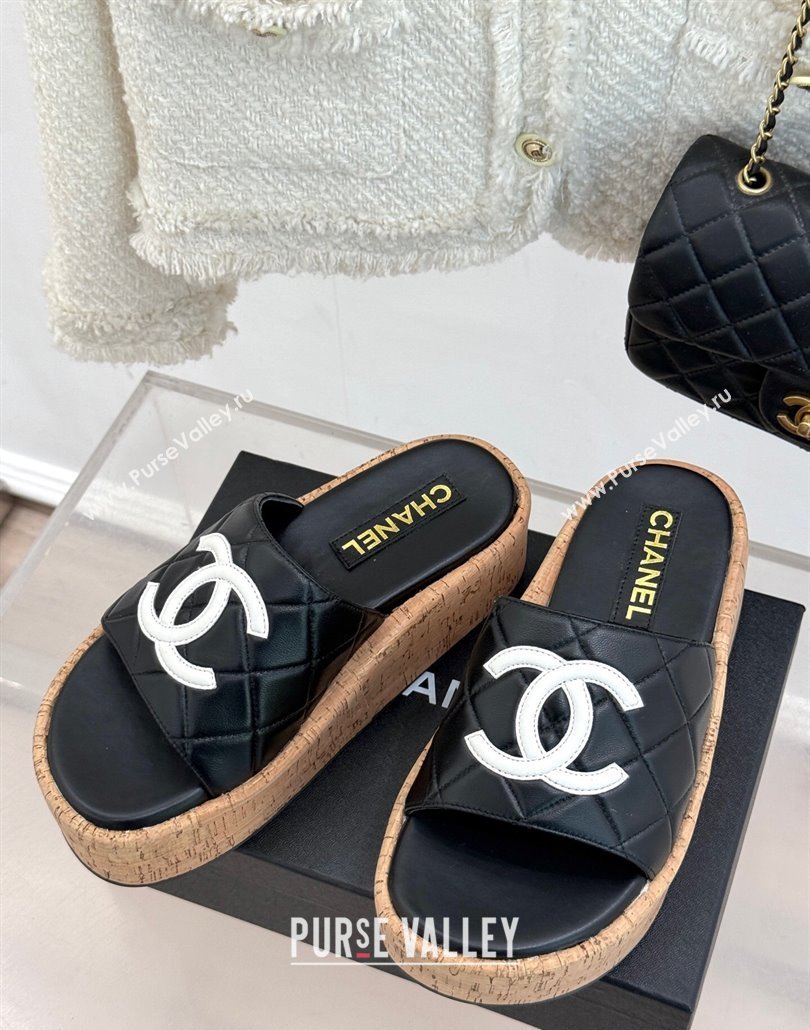 Chanel Quilted Lambskin Wood-Like Platform Slides Sandal Black 2025 CH030316 (MD-250303119)
