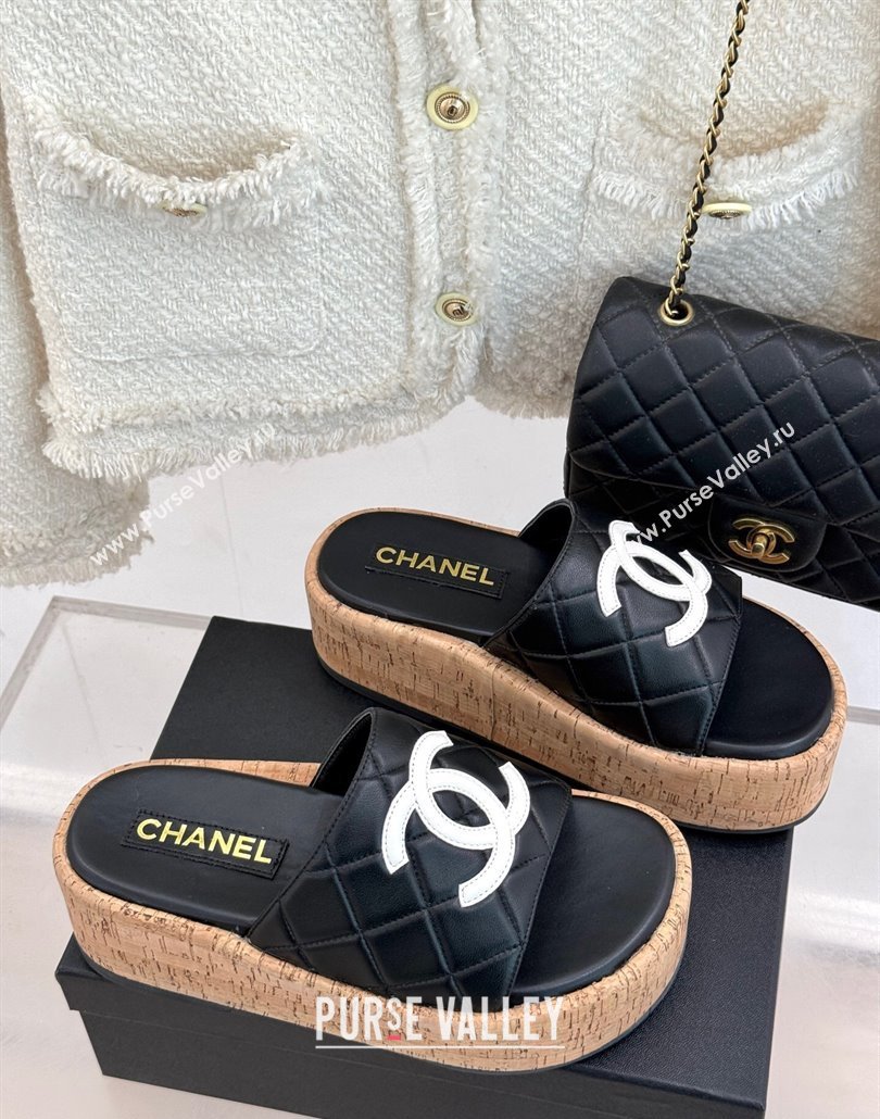 Chanel Quilted Lambskin Wood-Like Platform Slides Sandal Black 2025 CH030316 (MD-250303119)