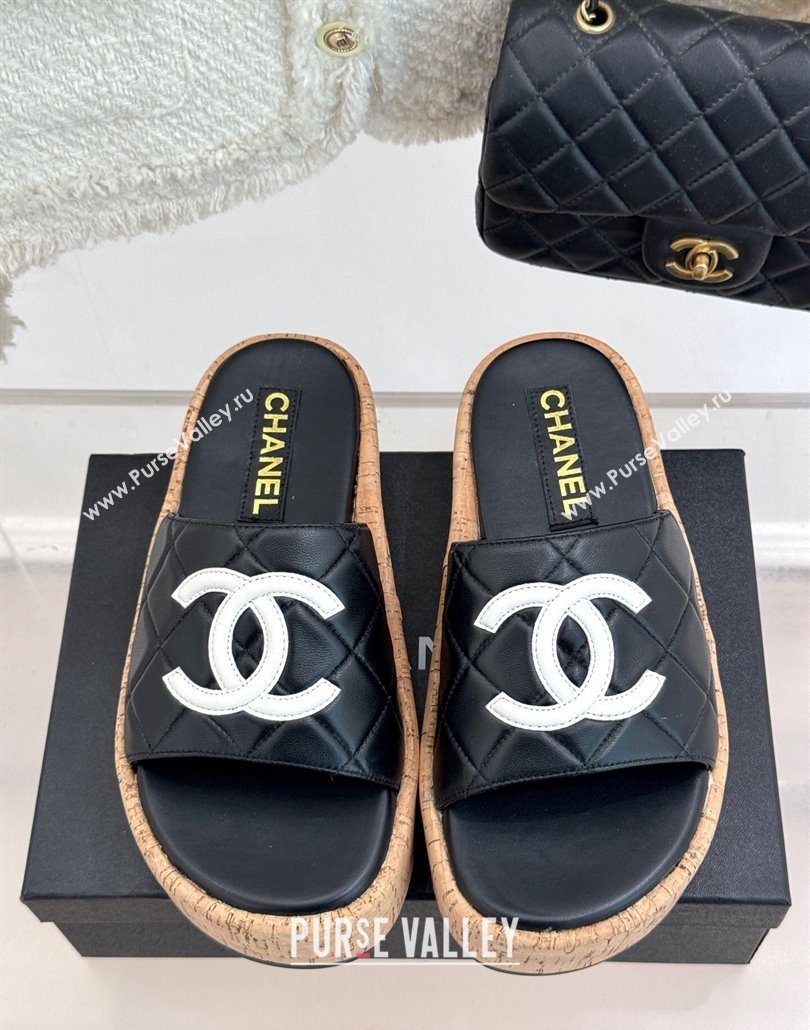 Chanel Quilted Lambskin Wood-Like Platform Slides Sandal Black 2025 CH030316 (MD-250303119)