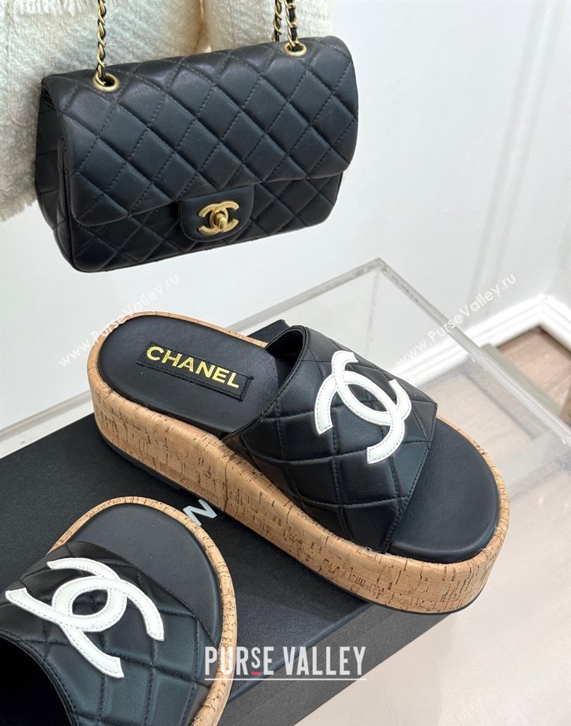 Chanel Quilted Lambskin Wood-Like Platform Slides Sandal Black 2025 CH030316 (MD-250303119)