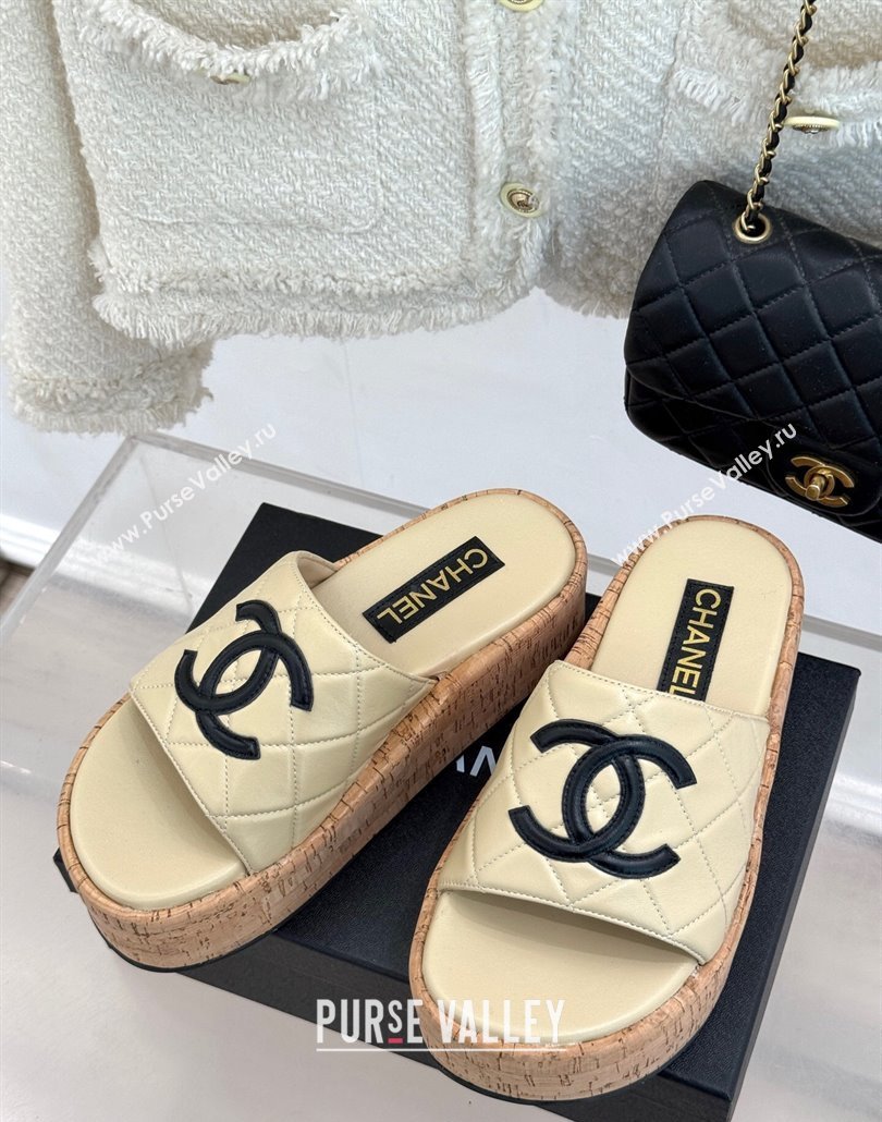 Chanel Quilted Lambskin Wood-Like Platform Slides Sandal Beige Yellow 2025 CH030316 (MD-250303120)