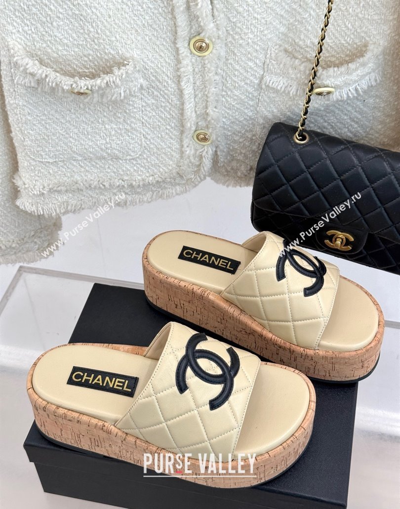 Chanel Quilted Lambskin Wood-Like Platform Slides Sandal Beige Yellow 2025 CH030316 (MD-250303120)