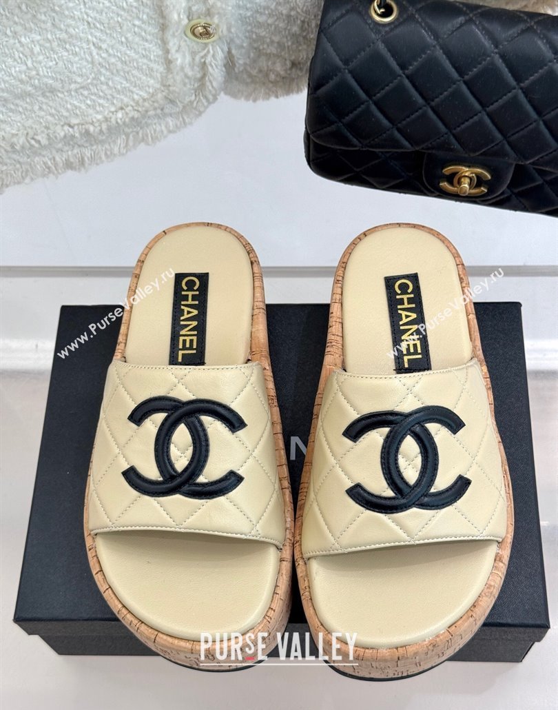 Chanel Quilted Lambskin Wood-Like Platform Slides Sandal Beige Yellow 2025 CH030316 (MD-250303120)