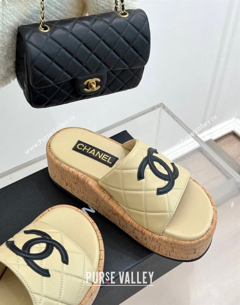 Chanel Quilted Lambskin Wood-Like Platform Slides Sandal Beige Yellow 2025 CH030316 (MD-250303120)