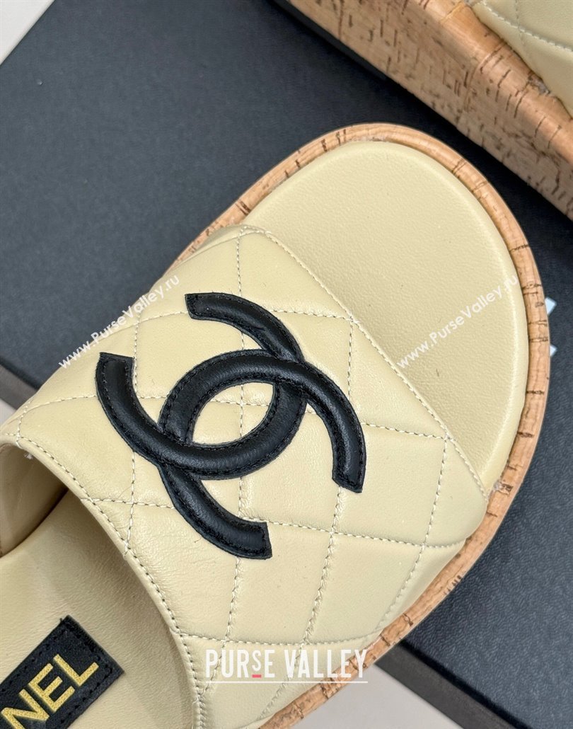 Chanel Quilted Lambskin Wood-Like Platform Slides Sandal Beige Yellow 2025 CH030316 (MD-250303120)