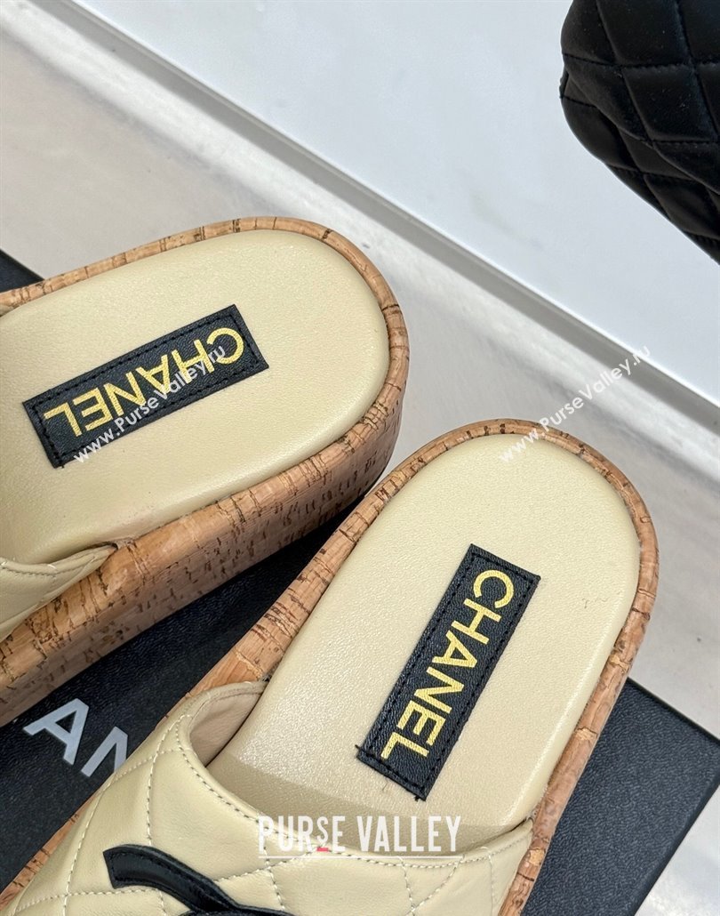 Chanel Quilted Lambskin Wood-Like Platform Slides Sandal Beige Yellow 2025 CH030316 (MD-250303120)