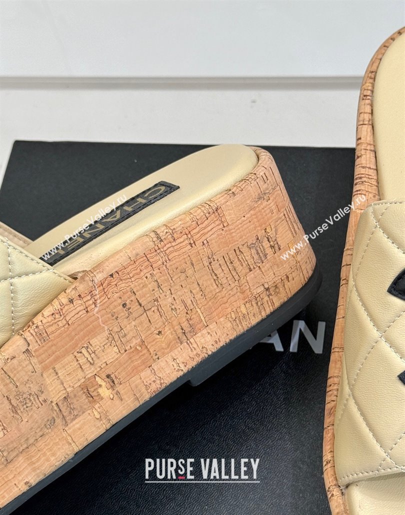 Chanel Quilted Lambskin Wood-Like Platform Slides Sandal Beige Yellow 2025 CH030316 (MD-250303120)