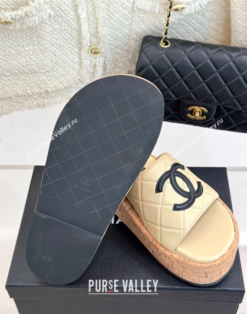 Chanel Quilted Lambskin Wood-Like Platform Slides Sandal Beige Yellow 2025 CH030316 (MD-250303120)