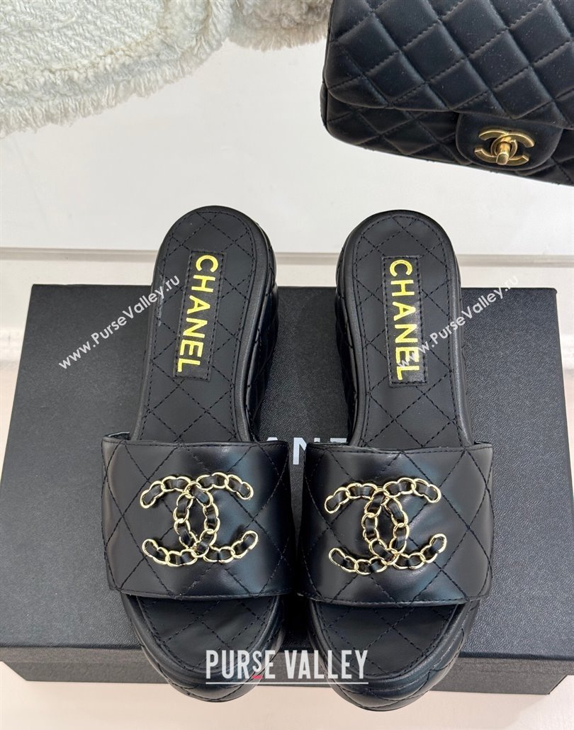 Chanel Quilted Lambskin Wedge Slides Sandal 6.5cm with Chain CC Black 2025 CH030318 (MD-250303124)