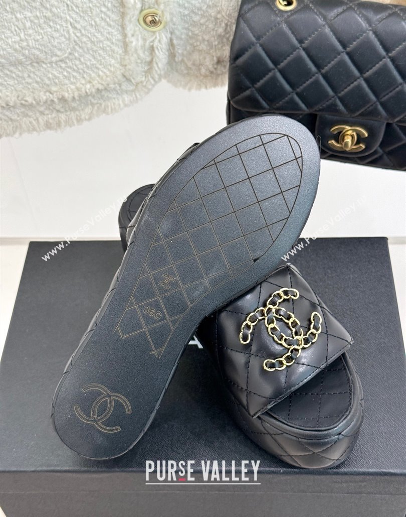 Chanel Quilted Lambskin Wedge Slides Sandal 6.5cm with Chain CC Black 2025 CH030318 (MD-250303124)
