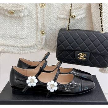 Chanel Patent Calfskin Mary Janes Ballet Flats with Camellia Bloom Double Strap Black 2025 CH030319 (MD-250303129)