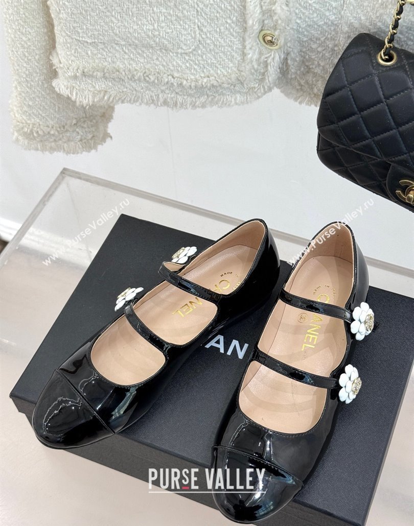 Chanel Patent Calfskin Mary Janes Ballet Flats with Camellia Bloom Double Strap Black 2025 CH030319 (MD-250303129)