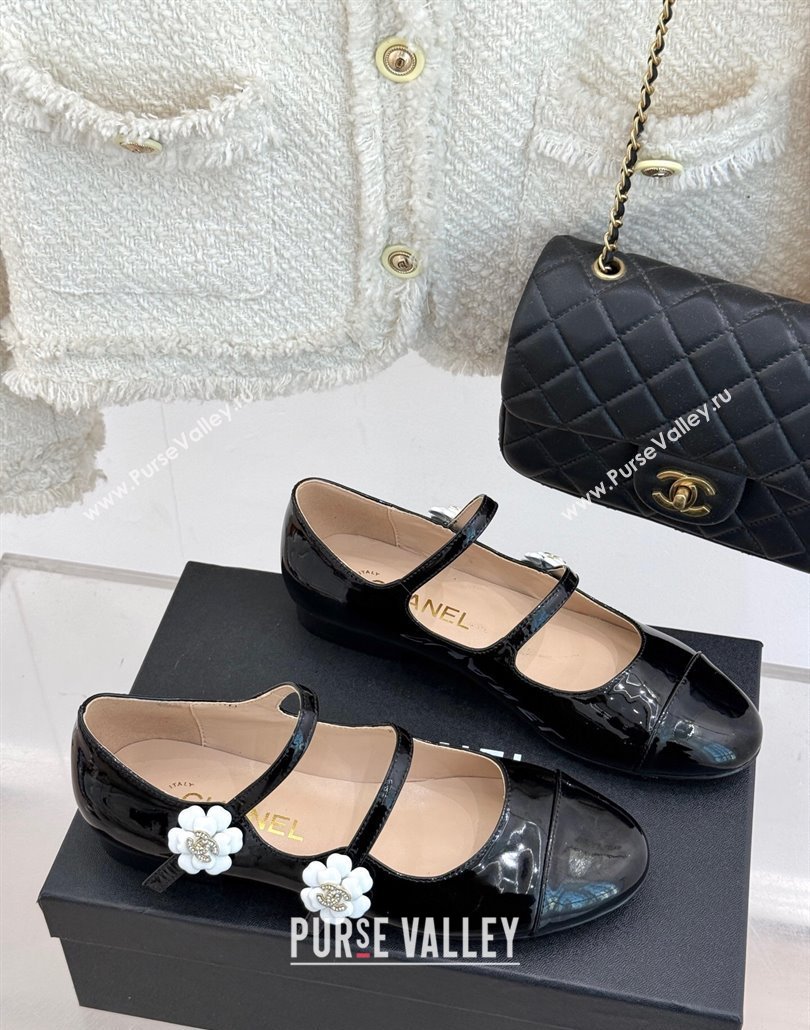 Chanel Patent Calfskin Mary Janes Ballet Flats with Camellia Bloom Double Strap Black 2025 CH030319 (MD-250303129)