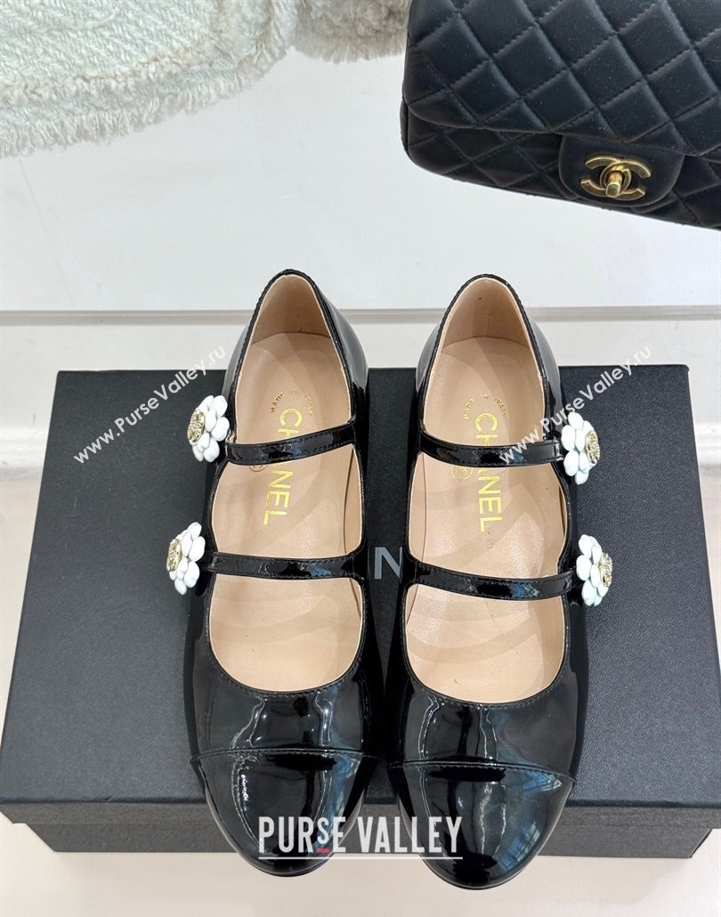 Chanel Patent Calfskin Mary Janes Ballet Flats with Camellia Bloom Double Strap Black 2025 CH030319 (MD-250303129)