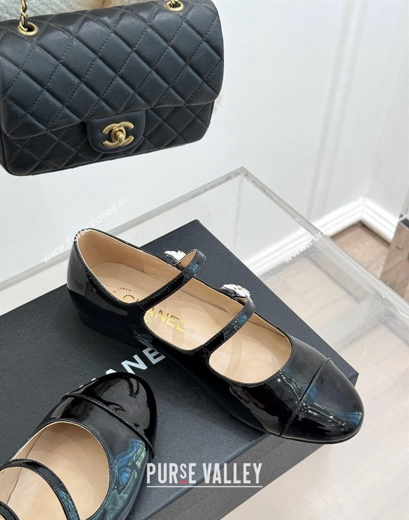 Chanel Patent Calfskin Mary Janes Ballet Flats with Camellia Bloom Double Strap Black 2025 CH030319 (MD-250303129)