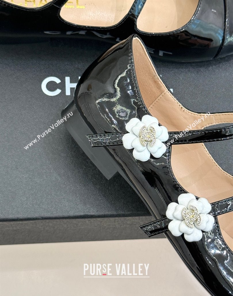 Chanel Patent Calfskin Mary Janes Ballet Flats with Camellia Bloom Double Strap Black 2025 CH030319 (MD-250303129)
