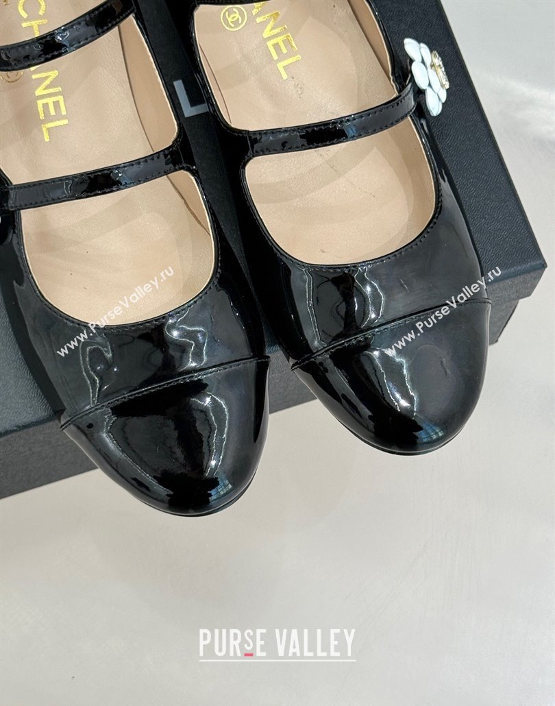 Chanel Patent Calfskin Mary Janes Ballet Flats with Camellia Bloom Double Strap Black 2025 CH030319 (MD-250303129)