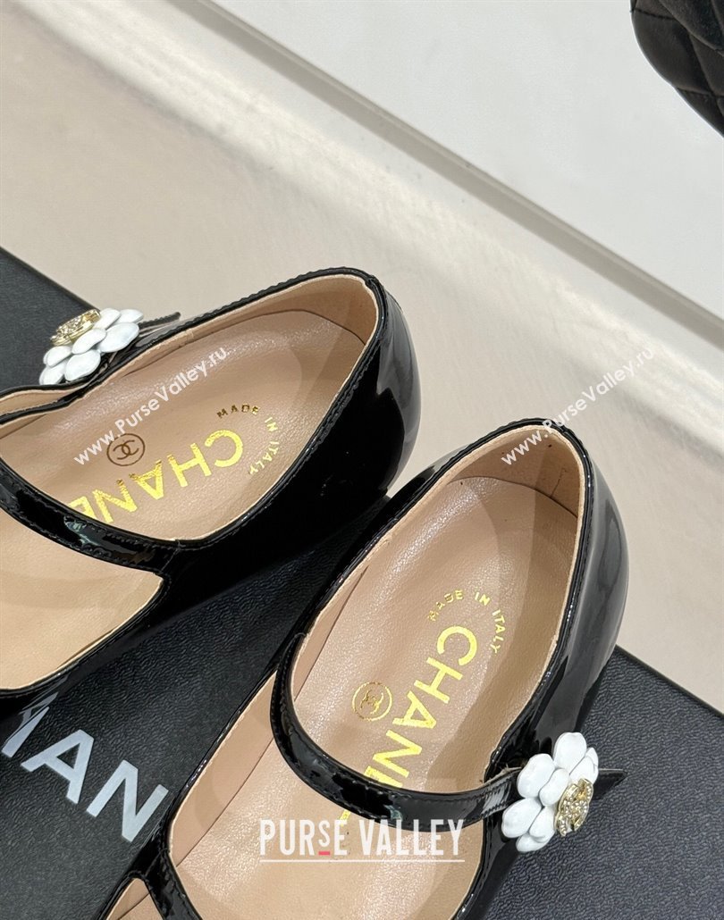 Chanel Patent Calfskin Mary Janes Ballet Flats with Camellia Bloom Double Strap Black 2025 CH030319 (MD-250303129)