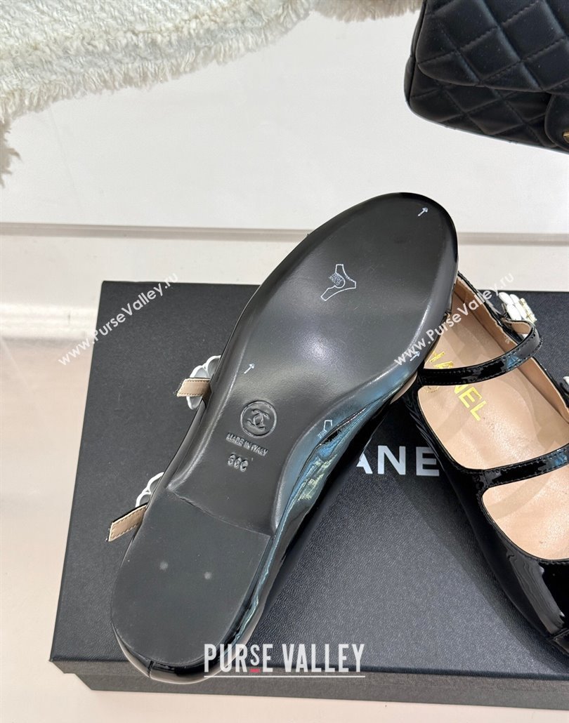 Chanel Patent Calfskin Mary Janes Ballet Flats with Camellia Bloom Double Strap Black 2025 CH030319 (MD-250303129)