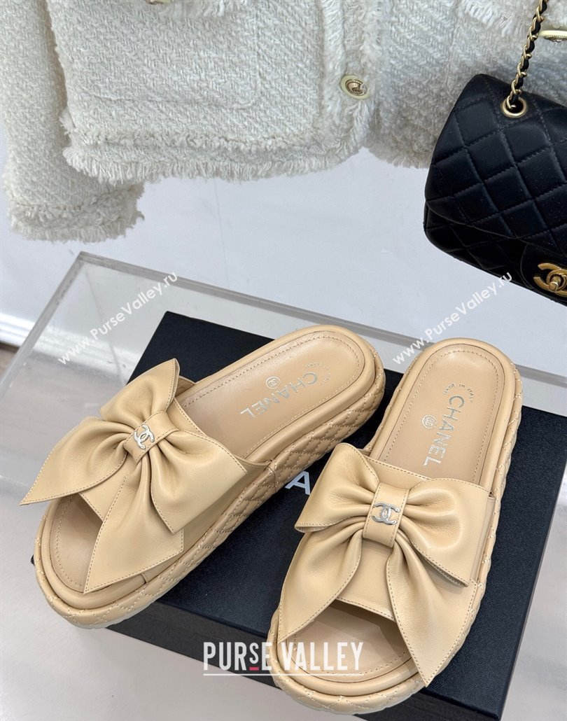 Chanel Lambskin Flat Slides Sandal with Maxi Bow Beige 2025 CH030320 (MD-250303132)
