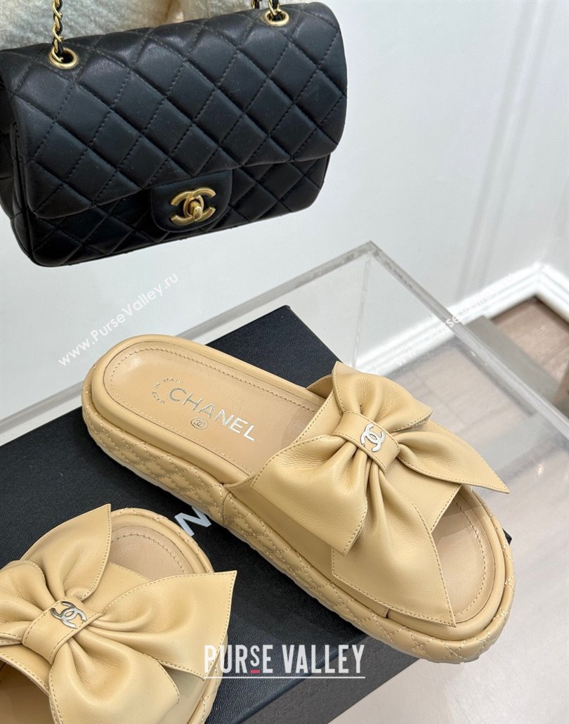 Chanel Lambskin Flat Slides Sandal with Maxi Bow Beige 2025 CH030320 (MD-250303132)