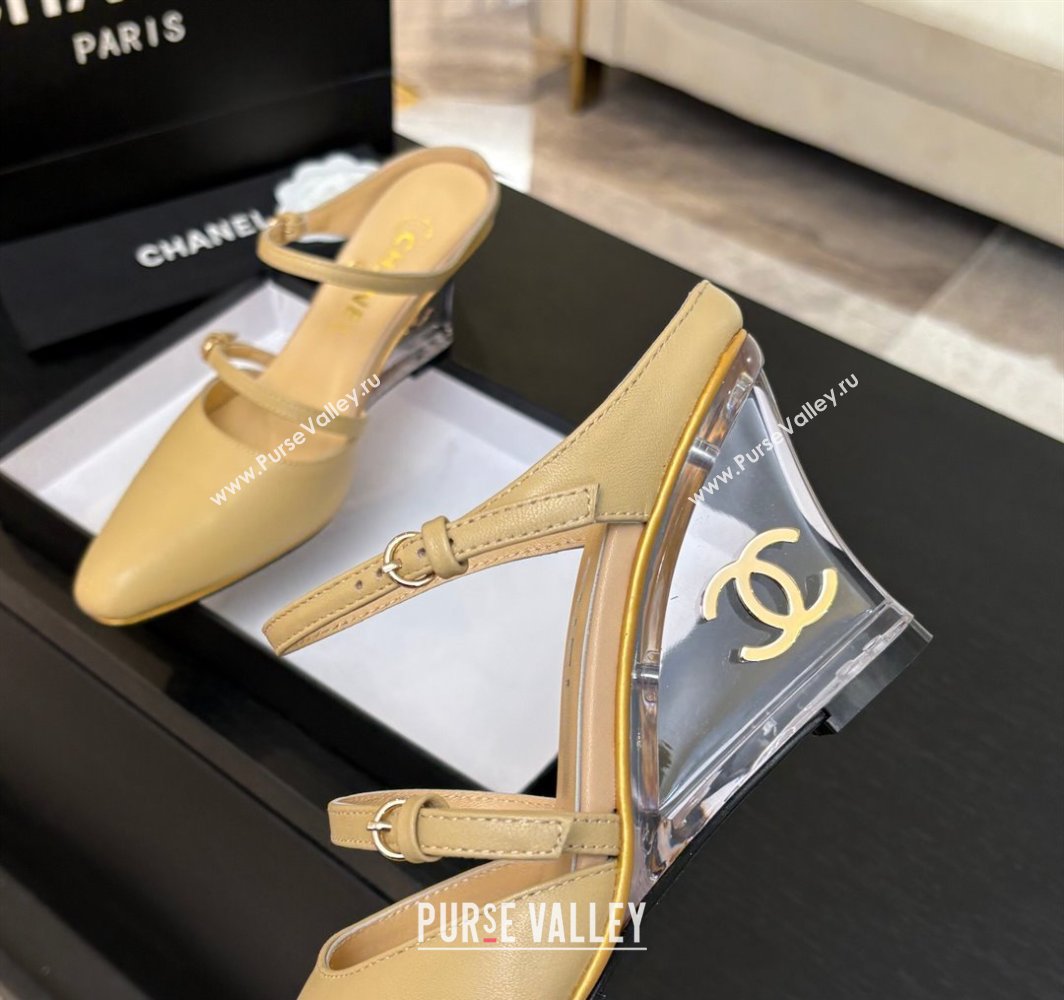 Chanel Calfskin Wedge Mules with Buckle Strap and Clear Heel Beige 2025 CH030321 (MD-250303134)