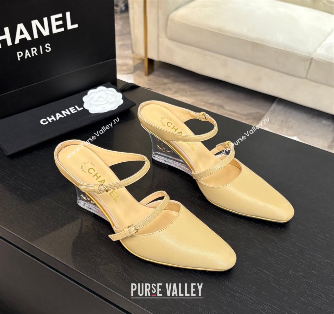 Chanel Calfskin Wedge Mules with Buckle Strap and Clear Heel Beige 2025 CH030321 (MD-250303134)