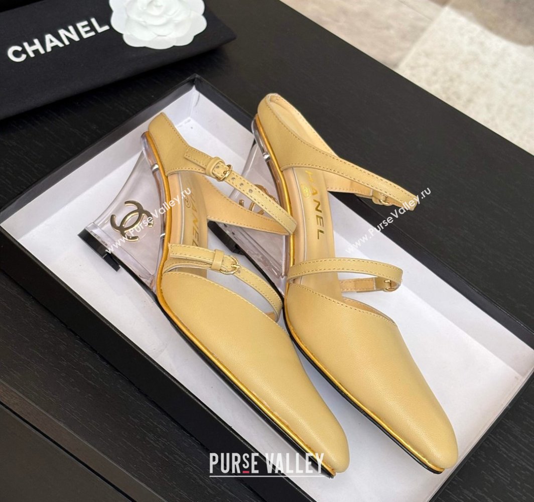 Chanel Calfskin Wedge Mules with Buckle Strap and Clear Heel Beige 2025 CH030321 (MD-250303134)
