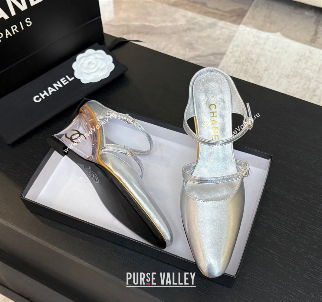 Chanel Calfskin Wedge Mules with Buckle Strap and Clear Heel Silver 2025 CH030321 (MD-250303135)