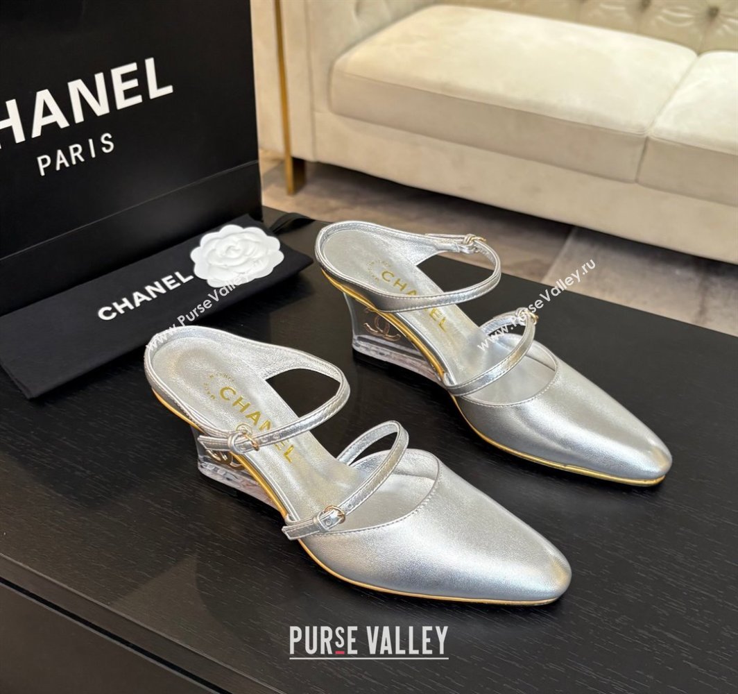 Chanel Calfskin Wedge Mules with Buckle Strap and Clear Heel Silver 2025 CH030321 (MD-250303135)