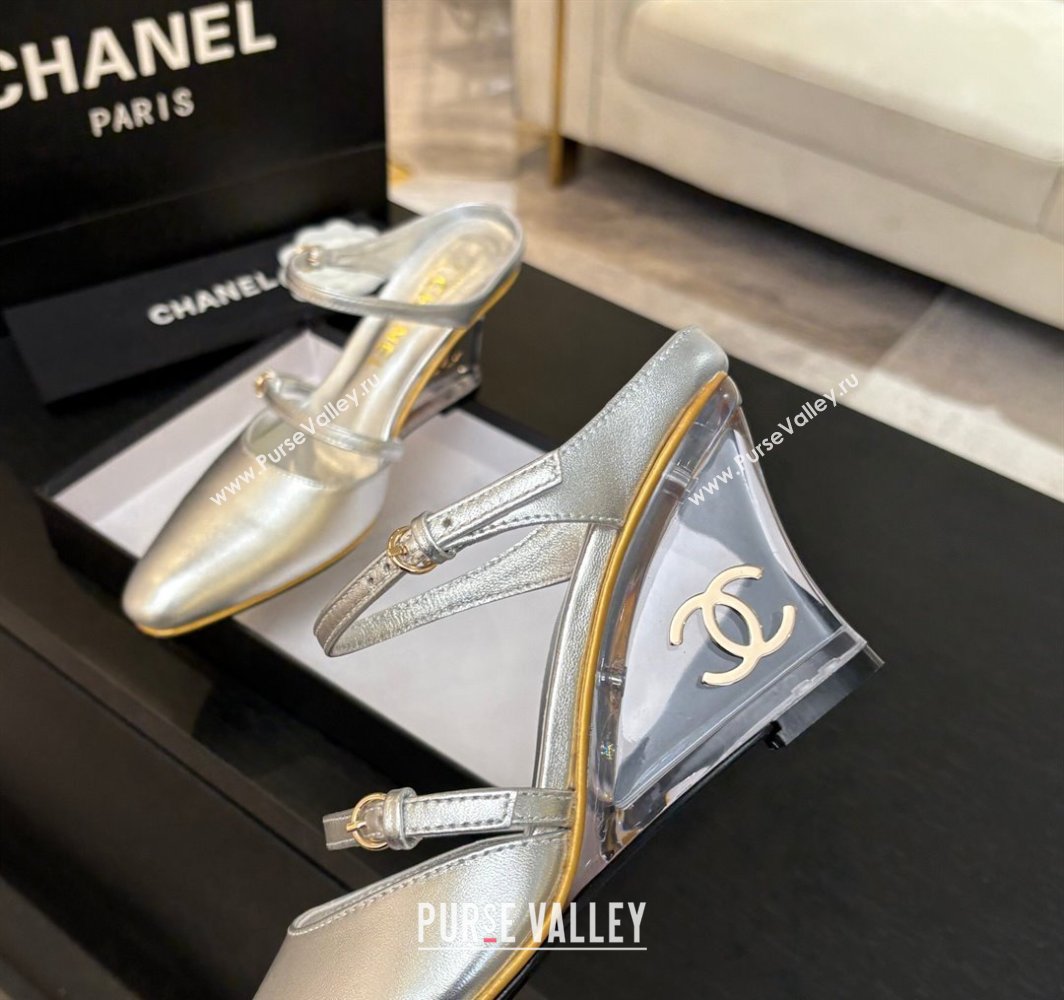 Chanel Calfskin Wedge Mules with Buckle Strap and Clear Heel Silver 2025 CH030321 (MD-250303135)