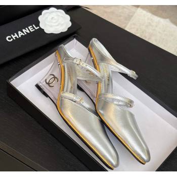 Chanel Calfskin Wedge Mules with Buckle Strap and Clear Heel Silver 2025 CH030321 (MD-250303135)