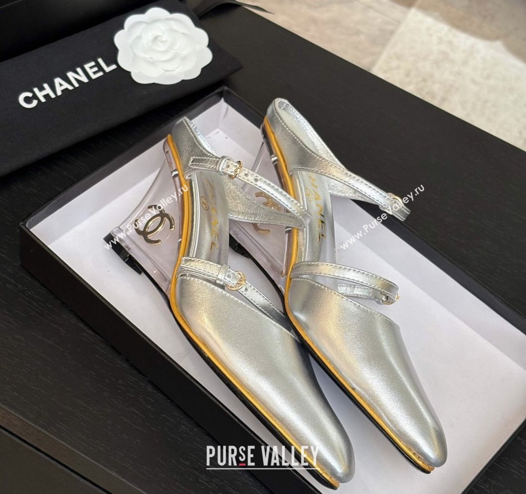 Chanel Calfskin Wedge Mules with Buckle Strap and Clear Heel Silver 2025 CH030321 (MD-250303135)