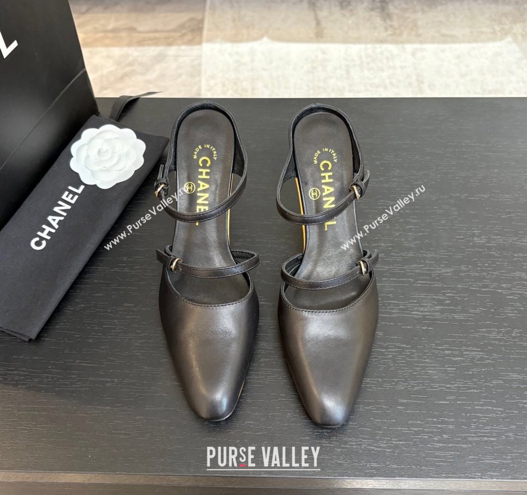 Chanel Calfskin Leather Wedge Mules with Buckle Strap and Clear Heel Black 2025 CH030321 (MD-250303136)