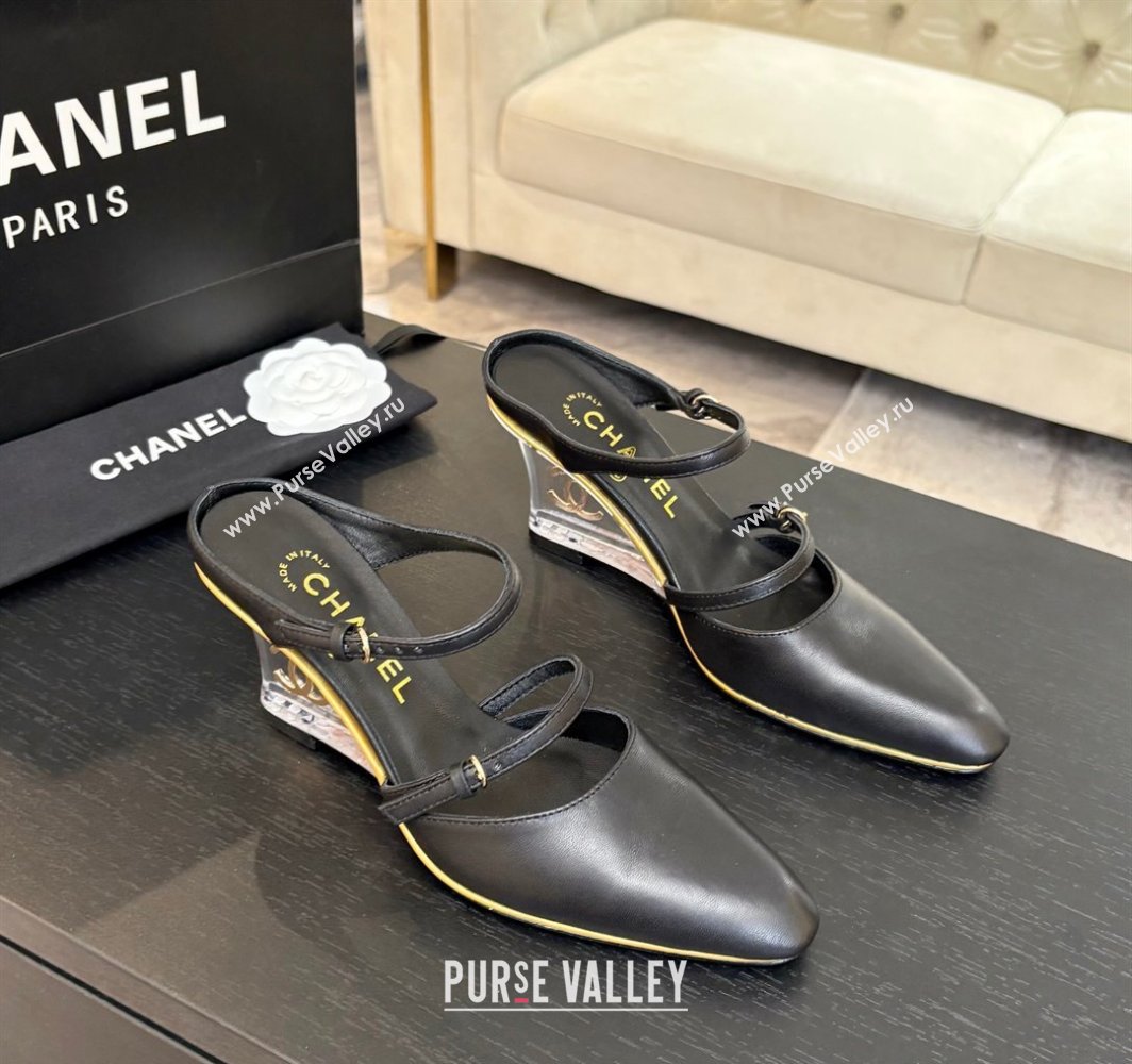 Chanel Calfskin Leather Wedge Mules with Buckle Strap and Clear Heel Black 2025 CH030321 (MD-250303136)