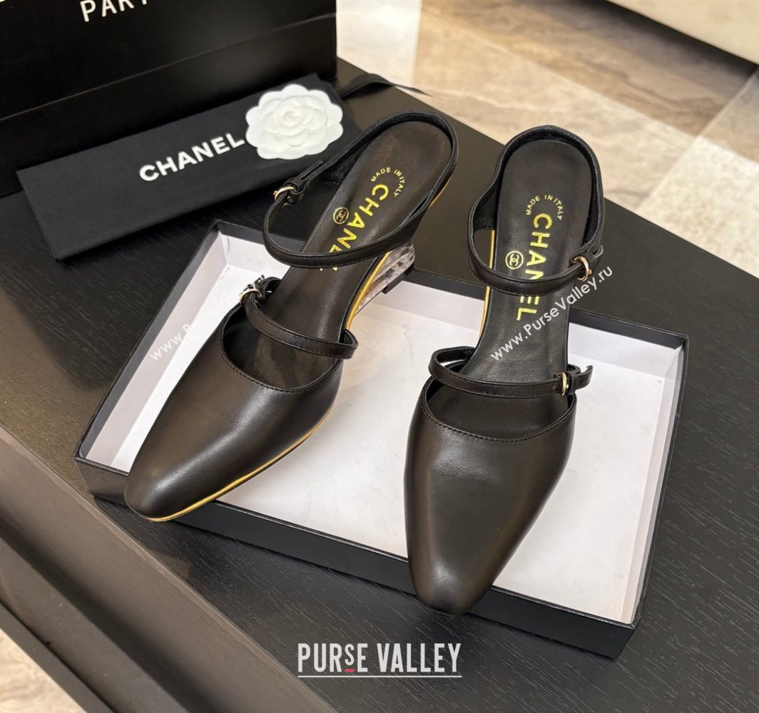 Chanel Calfskin Leather Wedge Mules with Buckle Strap and Clear Heel Black 2025 CH030321 (MD-250303136)