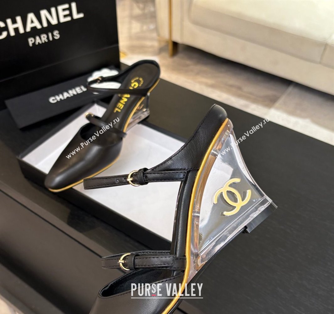 Chanel Calfskin Leather Wedge Mules with Buckle Strap and Clear Heel Black 2025 CH030321 (MD-250303136)