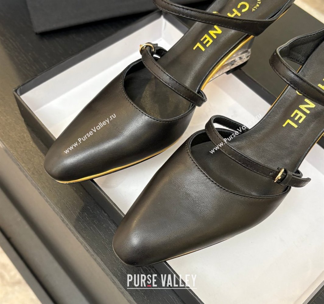 Chanel Calfskin Leather Wedge Mules with Buckle Strap and Clear Heel Black 2025 CH030321 (MD-250303136)