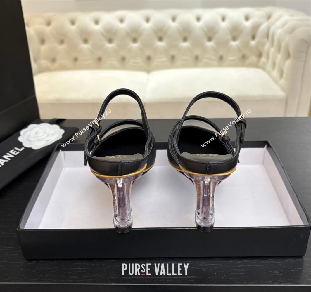 Chanel Calfskin Leather Wedge Mules with Buckle Strap and Clear Heel Black 2025 CH030321 (MD-250303136)