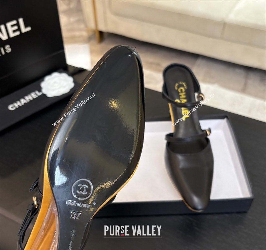Chanel Calfskin Leather Wedge Mules with Buckle Strap and Clear Heel Black 2025 CH030321 (MD-250303136)